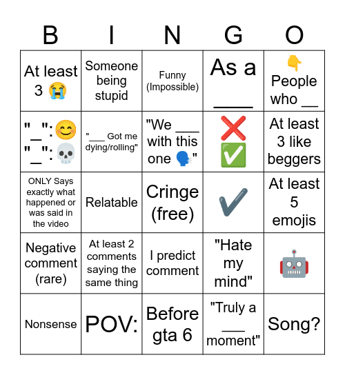 YouTube Shorts Comments Bingo Card