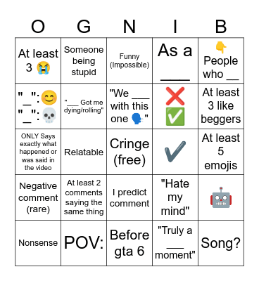 YouTube Shorts Comments Bingo Card