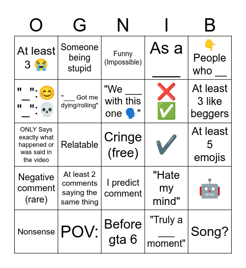 YouTube Shorts Comments Bingo Card