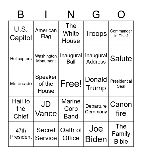 Inauguration Day Bingo Card