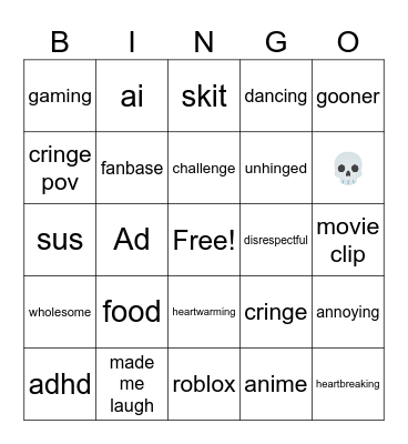 Tik tok bingo Card