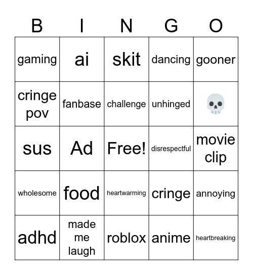 Tik tok bingo Card