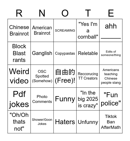 REDNOTE Bingo Card