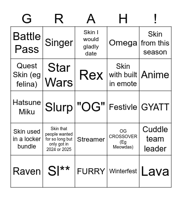 Fortnite skins Bingo Card