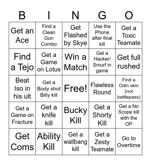 Valorant Bingo Card