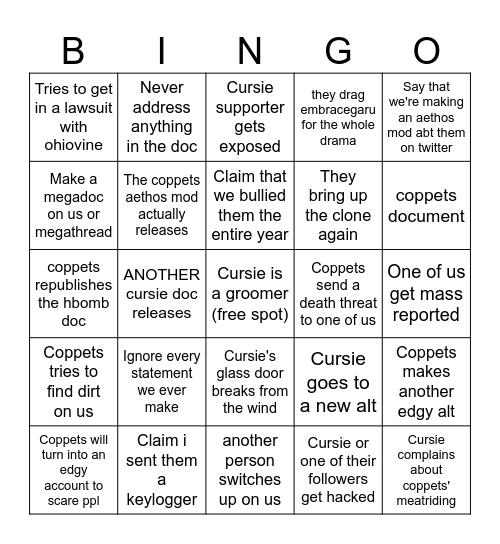cursie and coppets 2025 bingo Card