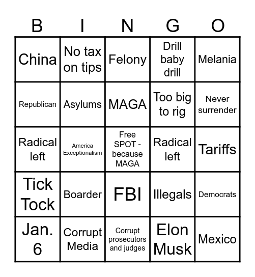 Last Trump Rally Bingo Card