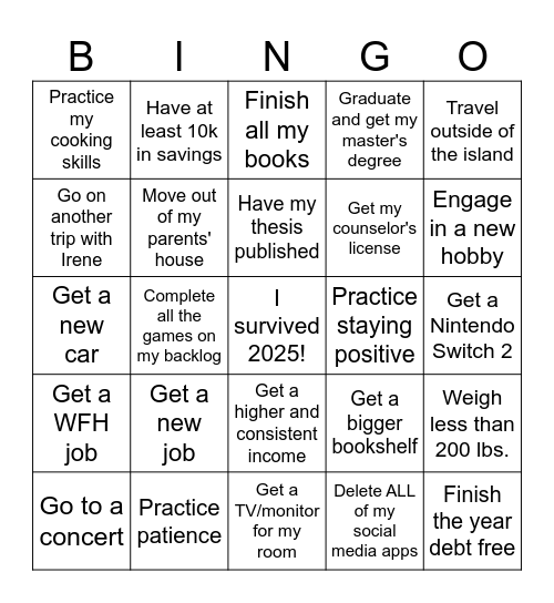 Resolution Bingo 2025 Bingo Card