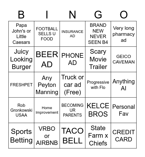 NFL Commercial Bingo Card
