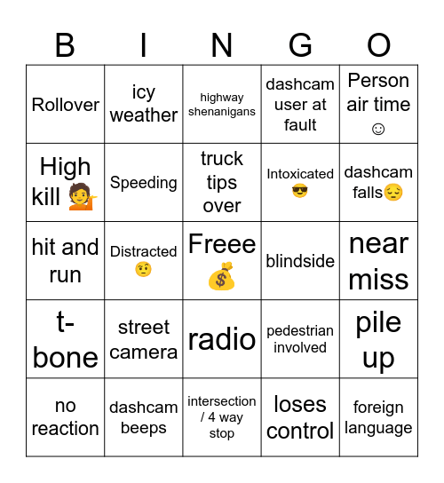 Car Crash Bingo Card