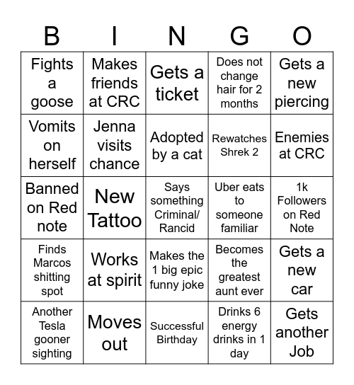 Jenna's Yearly Bingo Card