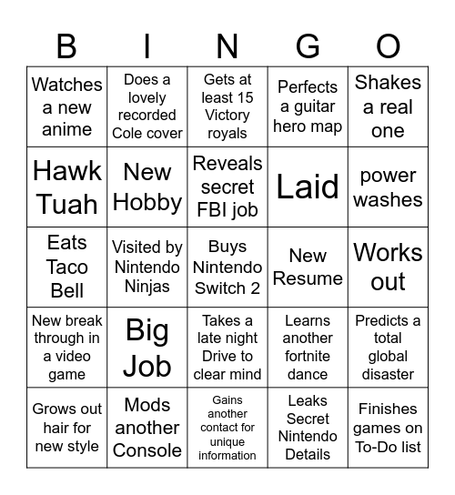 Ethan's Yearly Bingo Card