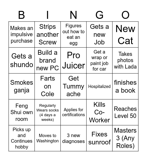 Tate's Yearly Bingo Card