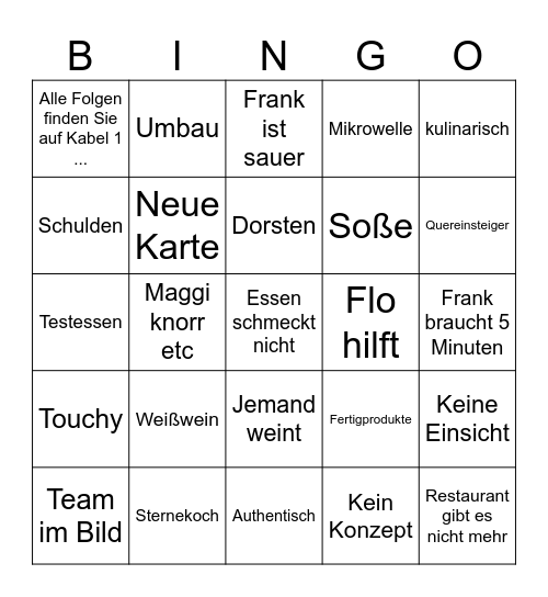 Rosins Restaurant Bingo Card