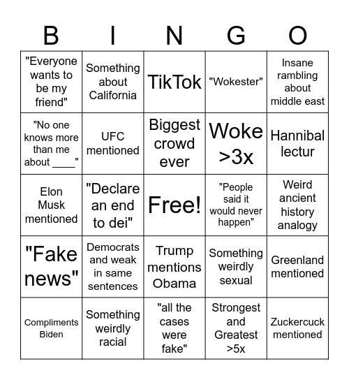 Trump Inagueration Bingo Card Bingo Card
