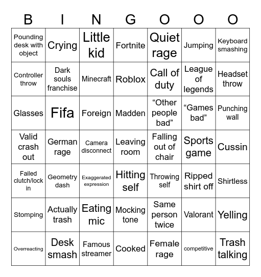 Ultimate Rage bingo Card