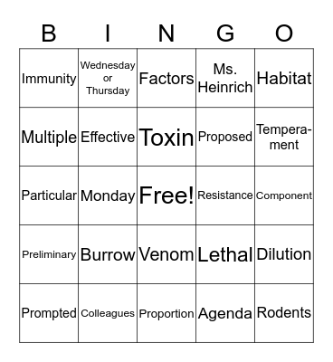 Vocabulary Unit 1 Bingo Card