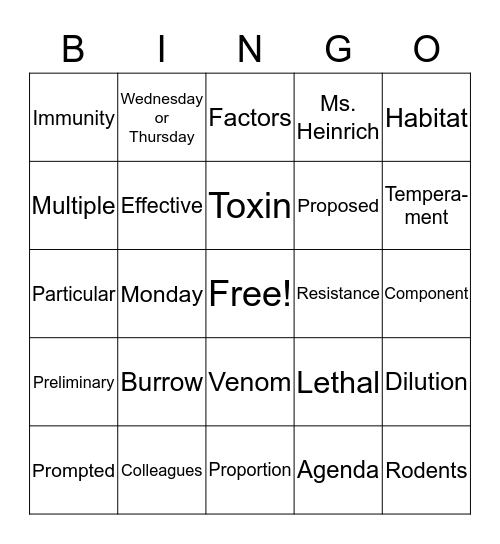 Vocabulary Unit 1 Bingo Card