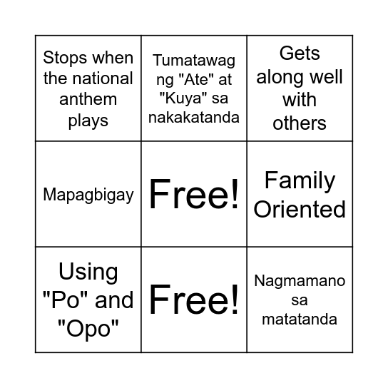 OUR VALUES AS FILIPINOS Bingo Card