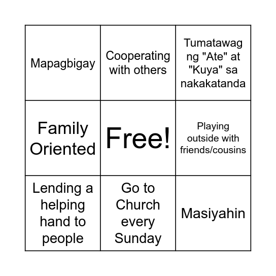 OUR VALUES AS FILIPINOS Bingo Card