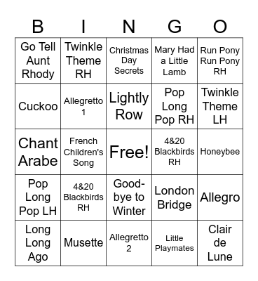 Suzuki Piano Book 1 Bingo Card