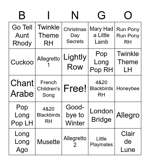 Suzuki Piano Book 1 Bingo Card