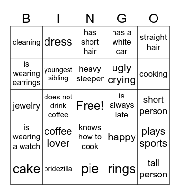 Bridal Shower Bingo Card