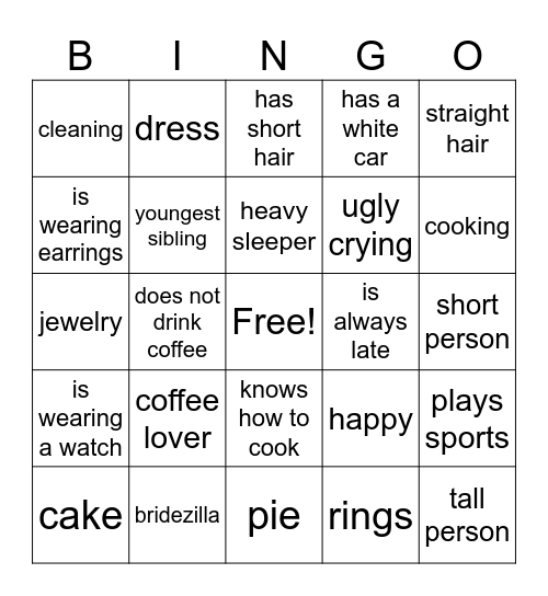 Bridal Shower Bingo Card