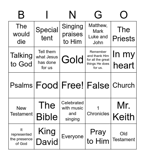 King David Thanked God Bingo Card