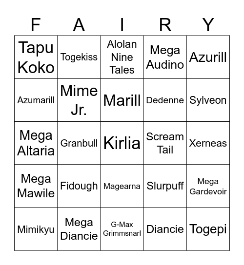 Marill Enjoyer [Round 1] Fairy Types Bingo Card
