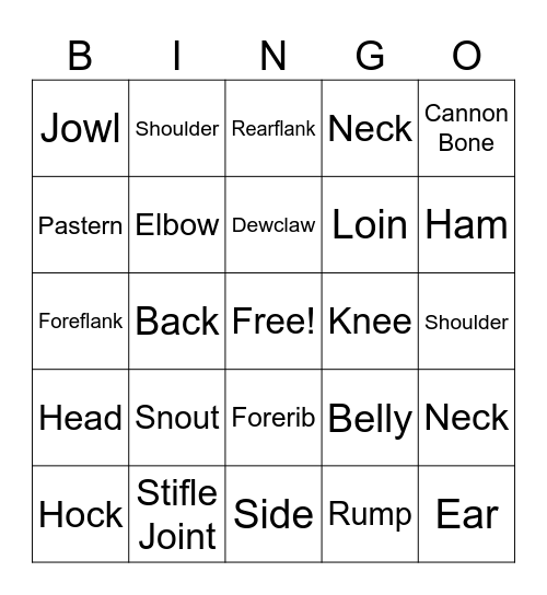 Pig Body Parts Bingo Card