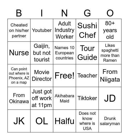 Collect all contacts! Bingo Card