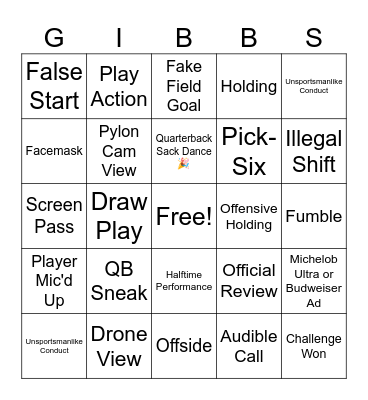 National Football League Bingo Card
