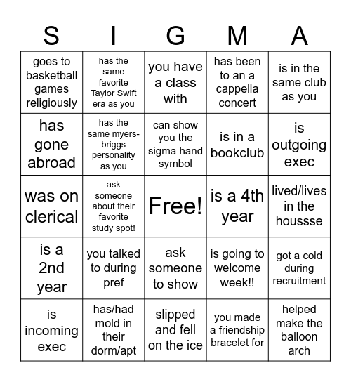 Find a sister who... Bingo Card