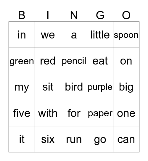 Sight Word Bingo Card