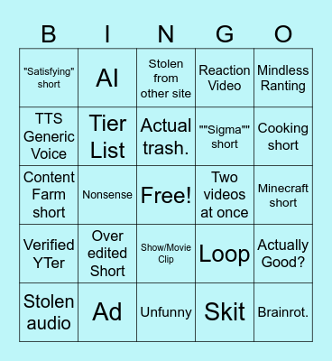 YT Shorts Bingo. (So original) Bingo Card
