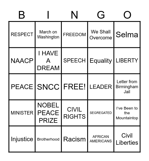 MARTIN LUTHER KING Bingo Card