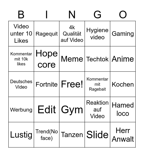 Tiktok Bingo Card