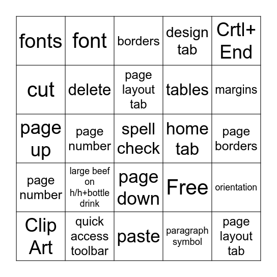 Microsoft Word  Bingo Card