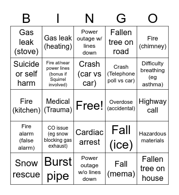 Firefighter/EMR snowstorm Bingo Card
