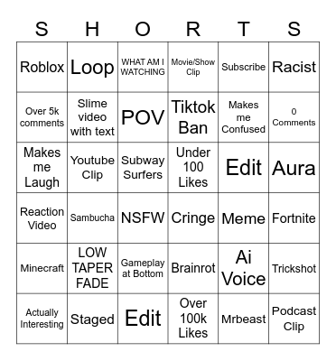 Youtube Shorts Bingo Card