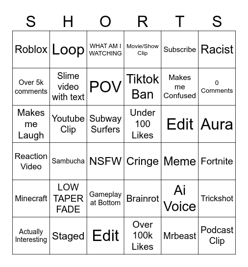 Youtube Shorts Bingo Card