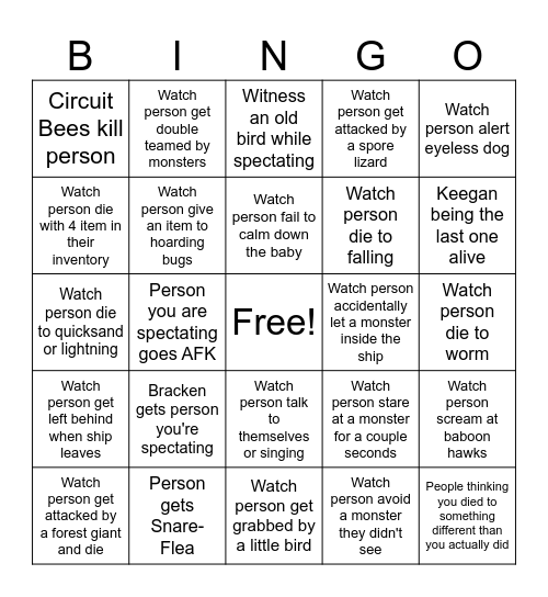 Spectators Bingo Card