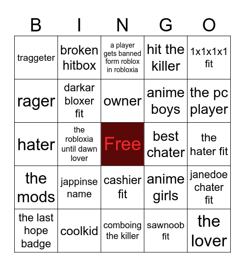 the robxia until dawn bingo Card