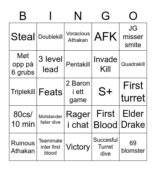 League Bingo Card