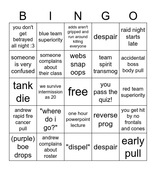 1/19/2025 raid night bingo Card
