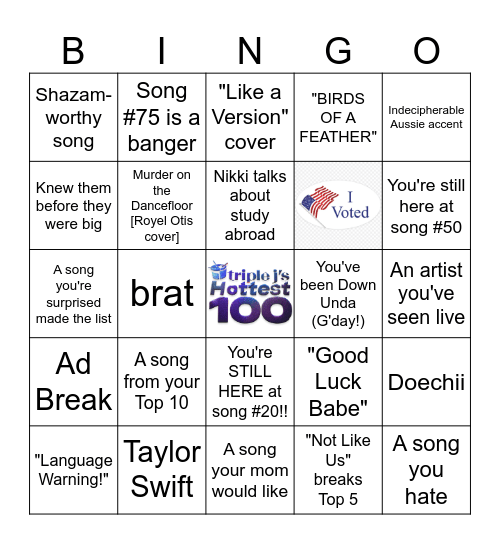 2024 TRIPLE J's HOTTEST 100 Bingo Card