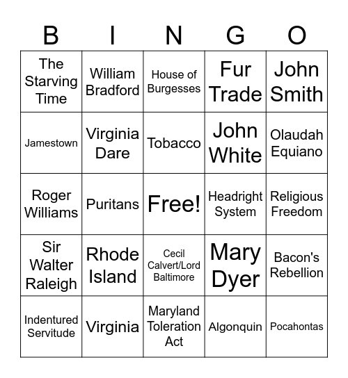 The Early American Colonial Era, 1500-1700 Bingo Card