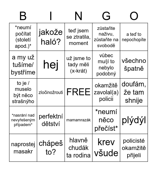 Opravdové zločiny BINGO Card