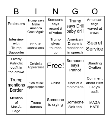 2025 Presidential Inauguration Bingo Card
